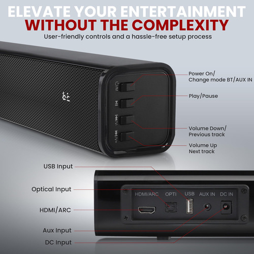 Pyle - Altavoz De Barra De Sonido Para Cine En Casa, Base De Onda, Soporte De Mesa, Sistema Digital De Tv Con Conector De Audio Óptico Aux/digital, Puerto Usb, Hdmi/arc, Reproducción De Sonido