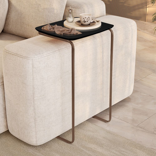 Mesa Ultraflex Lateral Aproximação Sofá Preta Base Café Cor Tampo Preto Base Café