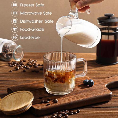 Juego De 4 Tazas De Café De Vidrio Con Tapas De Bambú Y Cuch