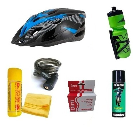 Combo Bici Casco Caramañola Linga Lubricante Paño Parches