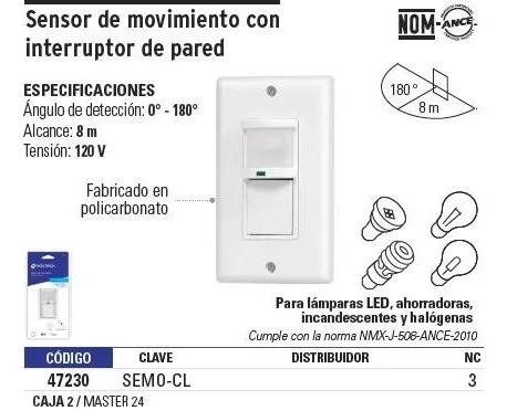 Interruptor Pared Sensor Mov. 9 Mt Voltech 47230