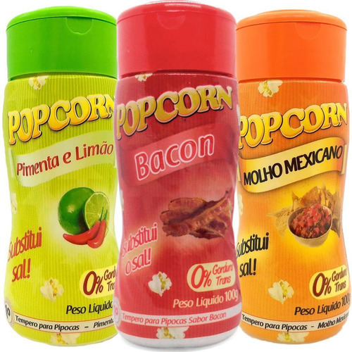 Combo 3 Temperos Pipoca Popcorn Sabores Bacon, Pimenta & Limão e Molho Mexicano
