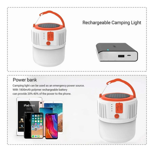 Foco Linterna Solar Recargable Exteriores Acampar Portatil