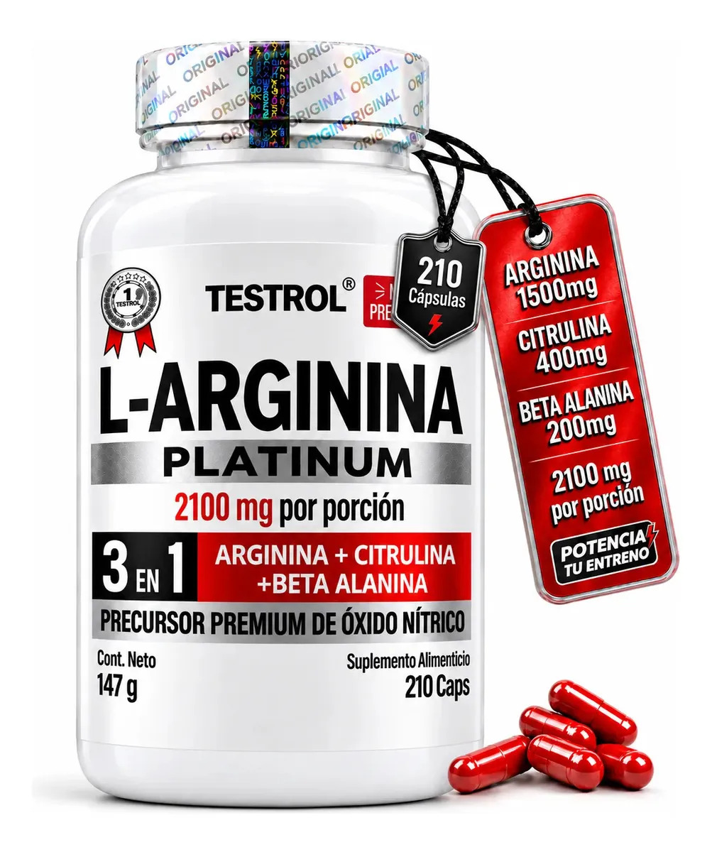 L-arginina Testrol Platinum en cápsula Sin sabor x 147mL de 200 un