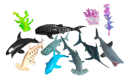 Kit Animais Do Mar Peixes Do Oceano 11 Peças Tubarão Baleia