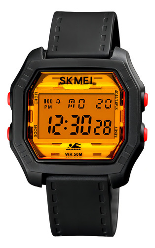 Reloj Hombre Skmei 1623 Digital Alarma Fecha Cronometro Malla Negro Bisel Negro Fondo Naranja Claro