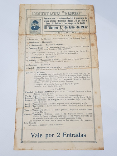 Antiguo Afiche Concierto Inst Verdi 1932 Original Mag 58928