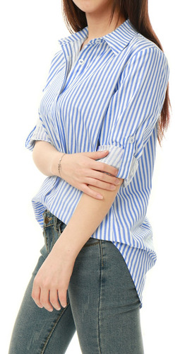 Camisa Mujer A Rayas Con Botones Cuello Vuelto Manga Larga