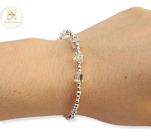 Imagen 6 de 8 de Pulsera Plata Con Cristal Swa Aurora Boreal Y Bolitas