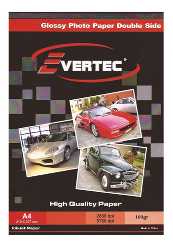 Evertec Papel Fotografico Laser Glossy Bifaz A4 160gr X100 Color Blanco