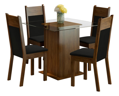 Juego de Comedor con Mesa de Tablero de Cristal 4 Sillas Color Marrón Negro