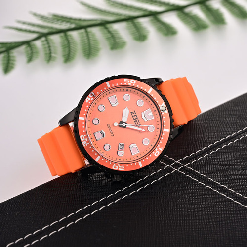 Reloj Zoea Ez8002-h Negro Cuarzo Resistente Al Agua 30m Correa Naranja