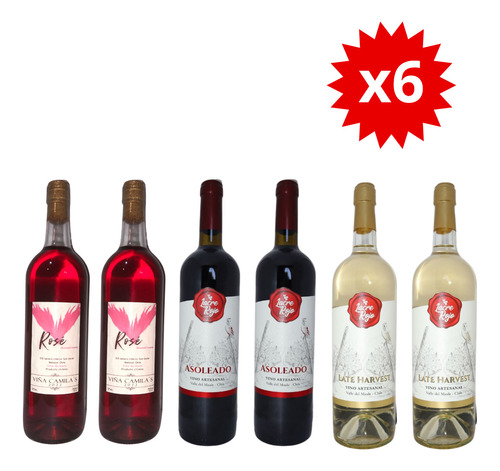 Pack 6x Vino Tinto Asoleado, Late Harverst Y Rosé 750 Cc