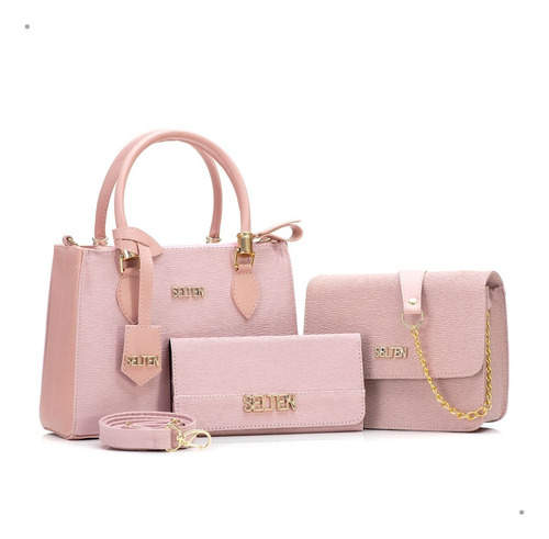 Bolsa De Lado Feminina + Bolsa Tote Alça Tiracolo + Carteira Cor Rosa