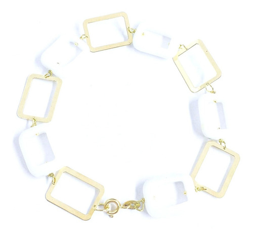 Pulseira Feminina Ouro 18k Com Pedra Retangular Ágata Branca