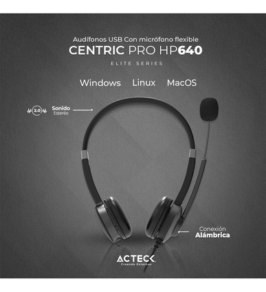 Audifono Diadema Para Call Center Acteck Centric Pro Hp640 Alambrico Con Microfono Flexible Usb Negro Ac-935319