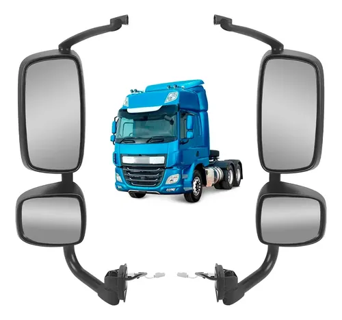 Par de retrovisores pretos ao lado de um caminhão DAF XF azul
