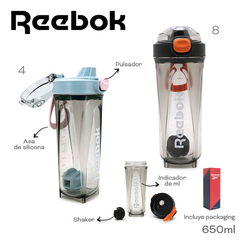 Botella Vaso Shaker Reebok 650ml Mezclador Proteina Con Asa