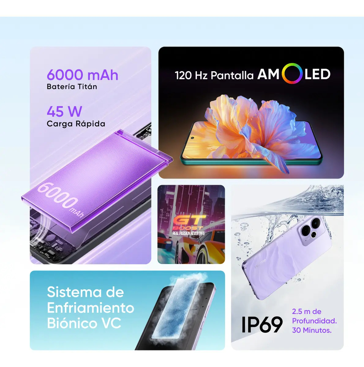 Celular Realme 14t 8gb Ram 256gb Rom Dual Sim Procesador 5g Dimensity 6300 Pantalla Amoled 120hz Camera Al Trasera De 50mp Bateria 6000mah Agua Ip69 con Cargador 45W Garantía Versión México Garantía