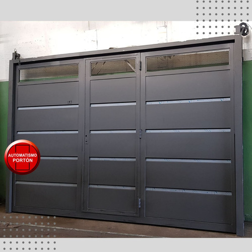 Portón Levadizo 3 X 2.05 Con Motor Chapa 18 Puerta Postigo Gris Oscuro