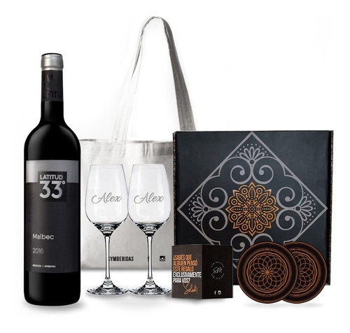 Box Set Vino Latitud 33 Malbec 2 Copas Transparente Grabadas