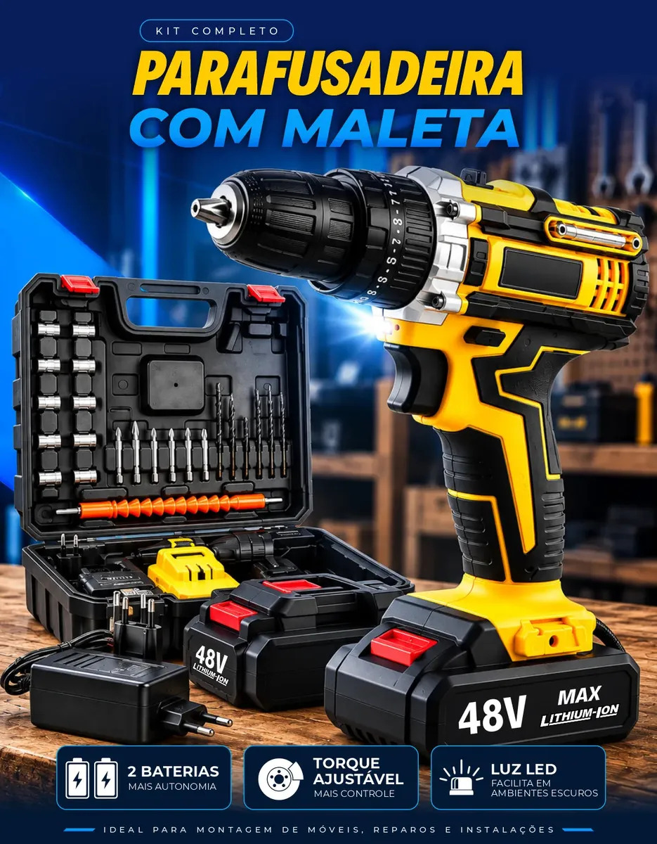 Parafusadeira Furadeira C/ 2 Baterias Maleta Kit Completo Led Eixo Flexível Vários Níveis Torque Simake