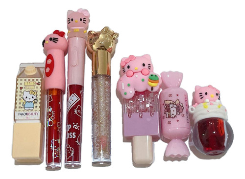 Kit De 7 Gloss Labiales Hello Kitty Favor Beauty Mujer Bella Multicolor Y Transparente
