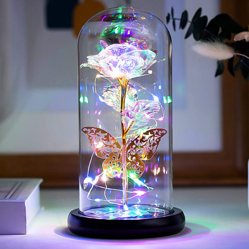 Regalo Para Ella Flor Rosa Cristal Galaxia Mariposa Luz Led