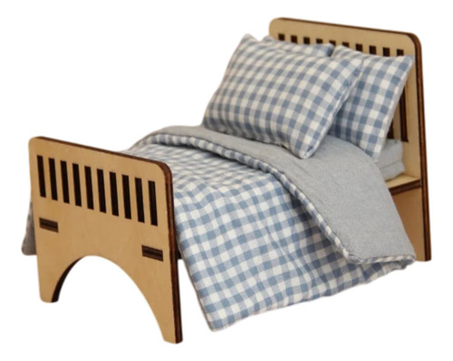 Cama De Madera En Miniatura Para Casa De Muñecas A Tartán
