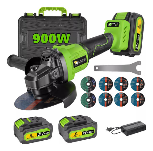 Smeriladora Angular Inalámbrica Amoladora Corte Pulidora Verde,Cortadora Sin Escobillas, 4.5-5“ Disco Compatible, 2*4ah Baterías, Herramientas Electricas Para Lijar, Cortar, Pulido