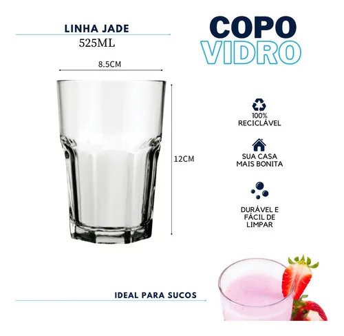 Jogo 6 Copos De Vidro Grosso Resistente 520ml Grande Água