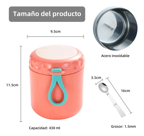 Doremama 2pz Termo De Acero Inoxidable Exterior Portátil + 4 Cucharas, Acero Inoxidable Con Botella Aislada Para Alimentos Calientes Rosa Y Verde