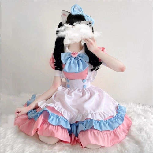Kawaii Lolita Anime Maid Outfit Pink + Blue Cosplay