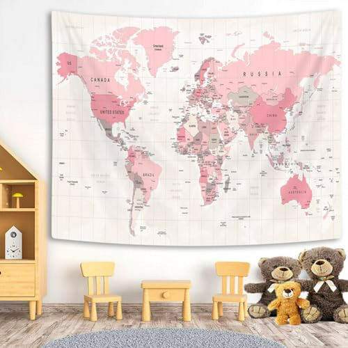Tapiz Mapa Mundial Rosa Vintage Para Decoración De Dormitori