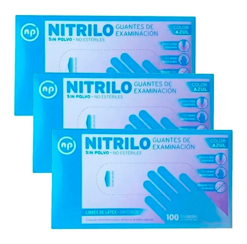 3 Guantes De Nitrilo Color Azul Descartables X 100 Unidades