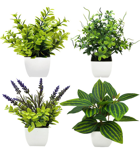 . 4 Macetas Plantas Artificiales Barro Decoración Bonsai