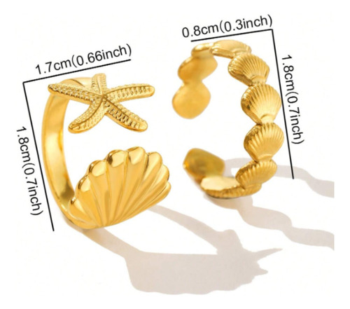 Set Anillos Playa Conchas Y Estrellas De Mar Ajustables Dorado 7