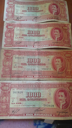 4 Billetes Bolivia;( 1000 Bolivianos Año 1945), Buen Eatado.