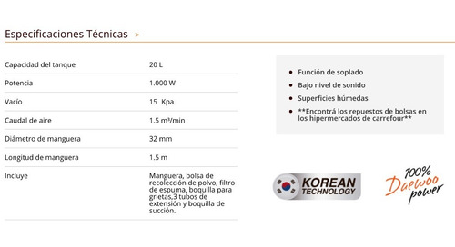 Imagen 6 de 9 de Aspiradora De Polvo Y Agua Daewoo Davc90-20l 20l