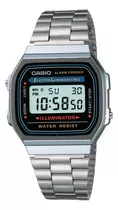 Comprar Reloj De Pulsera Casio Youth Vintage A-168 De Cuerpo Color Plateado, Digital, Fondo Gris, Negro Y Azul, Con Correa De Acero Inoxidable Color Plateado, Dial Negro, Minutero/segundero Negro, Bisel Color