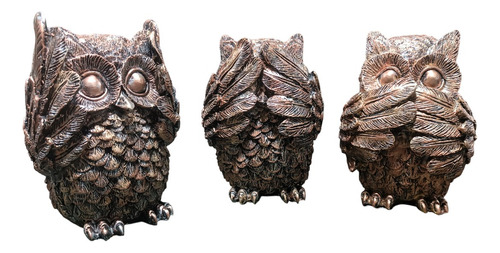 Juego De Búhos De Las Tres Virtudes. Escultura De Resina. Metálico