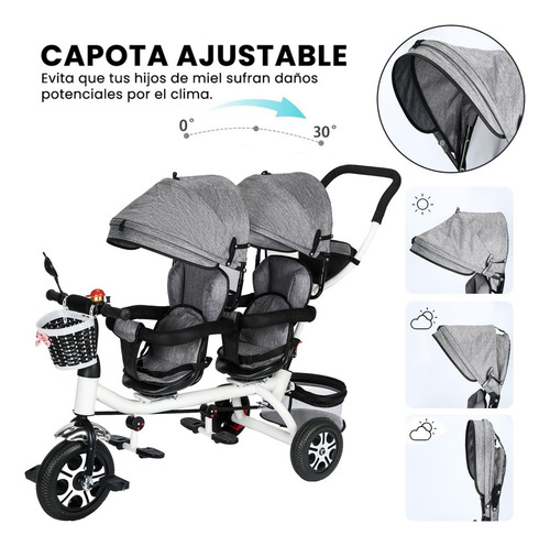 Triciclo Bicicleta Carriola Para Bebé En 1 Doble Asiento Con Toldo Ajustable Asiento Giratorio 360 Yuanxin Gris