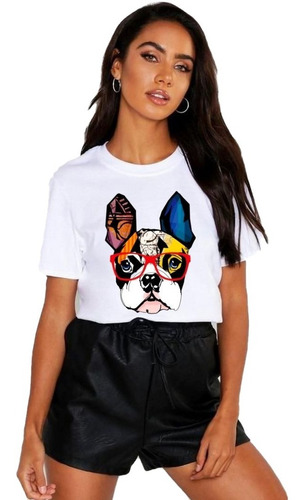 Polera Dama Estampada 100%algodon Diseño Bulldog De Colores