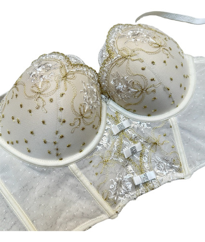 Corset Encaje Blanco Coco Bordado Hilos Dorados