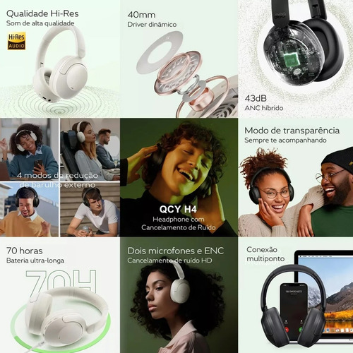 Audífono Inalámbrico Qcy H4 Anc Bluetooth Blanco Hi-res 70h