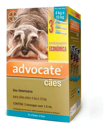 Anti Pulgas Advocate Cães 4 A 10 Kg 1,0 C/ 3 Pipetas Bayer