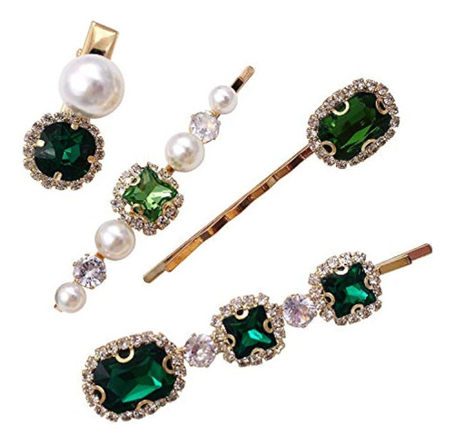 4 Piezas Vintage Verde Cristal Perla Oro Horquillas Decorati