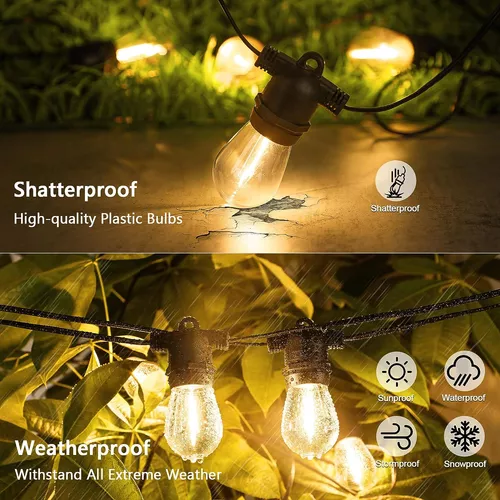 Guirnalda de luces solares para exteriores, impermeables, 48 pies, 15  bombillas Edison S14 inastillables, color blanco cálido, luces LED de grado