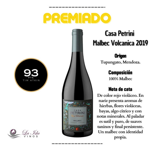 Imagen 2 de 10 de Vino Casa Petrini Malbec Volcanica X 6 Cosecha 2019 Premiada