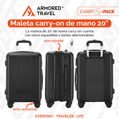Maletas De Viaje Carry-on De Mano Cabina 10kg 20 + 16p Rígida Set De Viaje 2 Pack Nitro Negra Abs Doble Calibre Con Cierre Expandible, Llantas Desmontables Y Candado Seguridad Tsa Lock Armored Travel